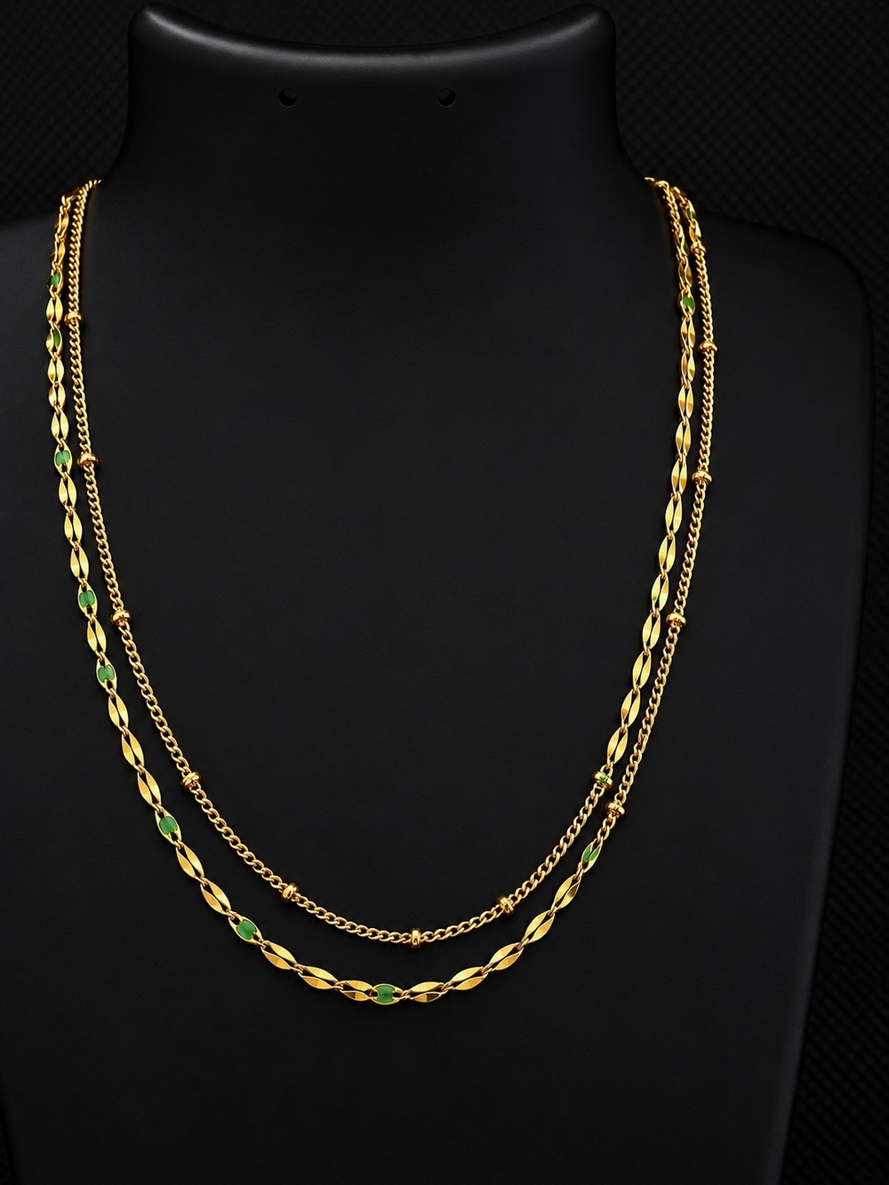 Gap Gold 2 Strand Layered Necklace with Green Accents